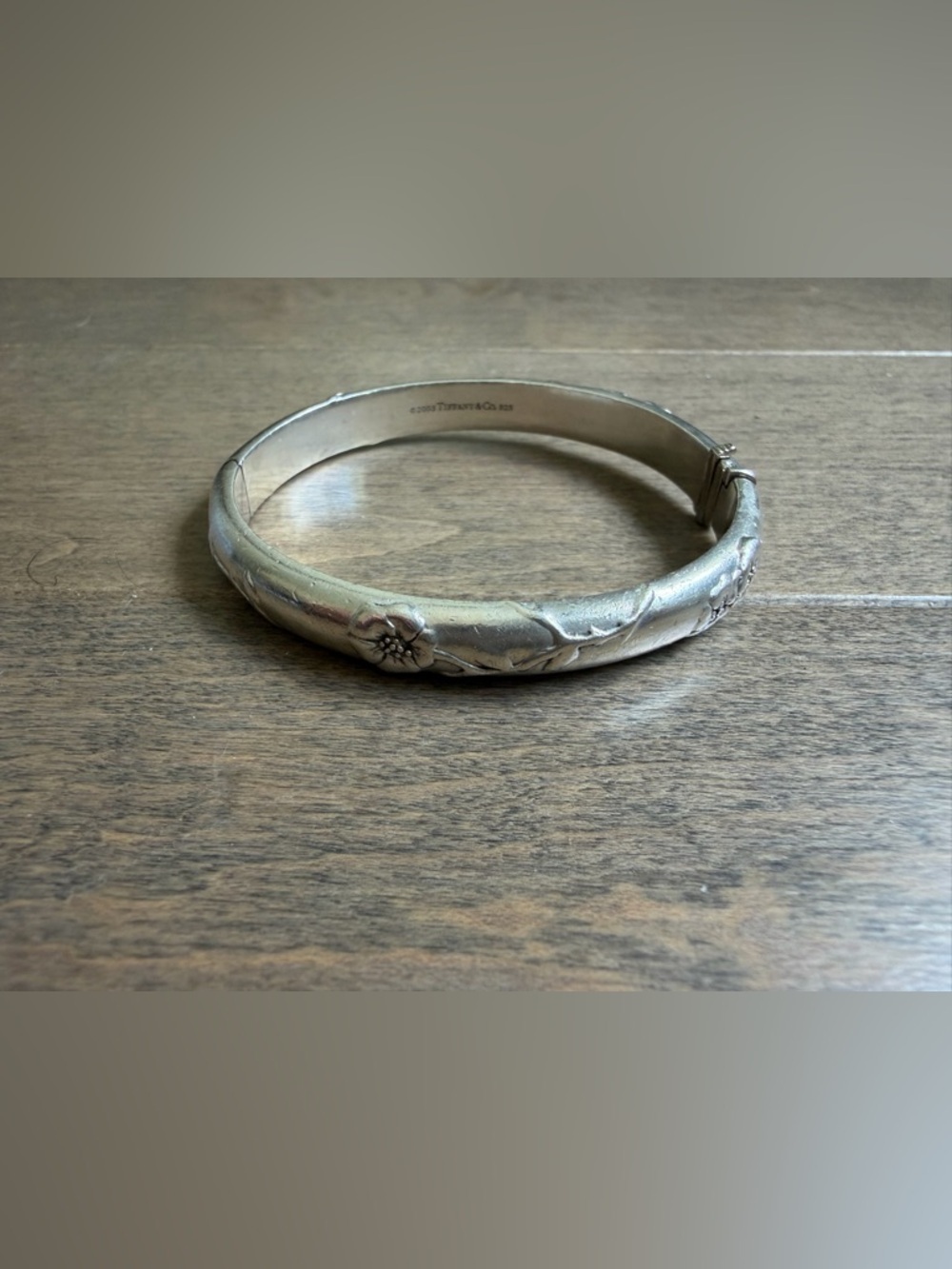 Vintage Tiffany & Co. Silver Floral Relief Bangle Bracelet size 6.5